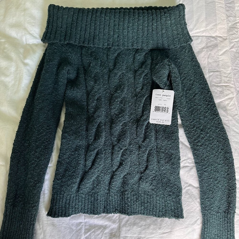 NWT Free People cable knit off-shoulder sweater deep jade